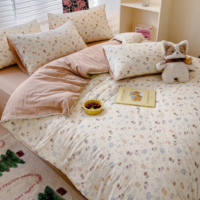 91家纺网 家纺一手货源 找家纺 金丝鸟家纺 2024秋冬新品全棉双层纱四件套 泡芙狗