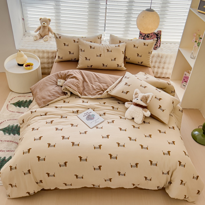 91家纺网 家纺一手货源 找家纺 金丝鸟家纺 2024秋冬新品全棉双层纱四件套 拉条狗