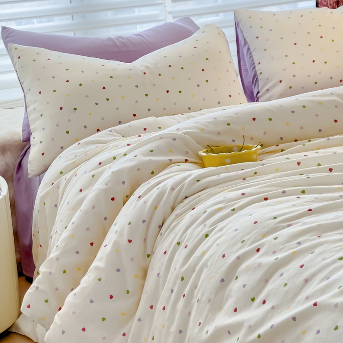 91家纺网 家纺一手货源 找家纺 金丝鸟家纺 2024秋冬新品全棉双层纱四件套 彩色小爱心