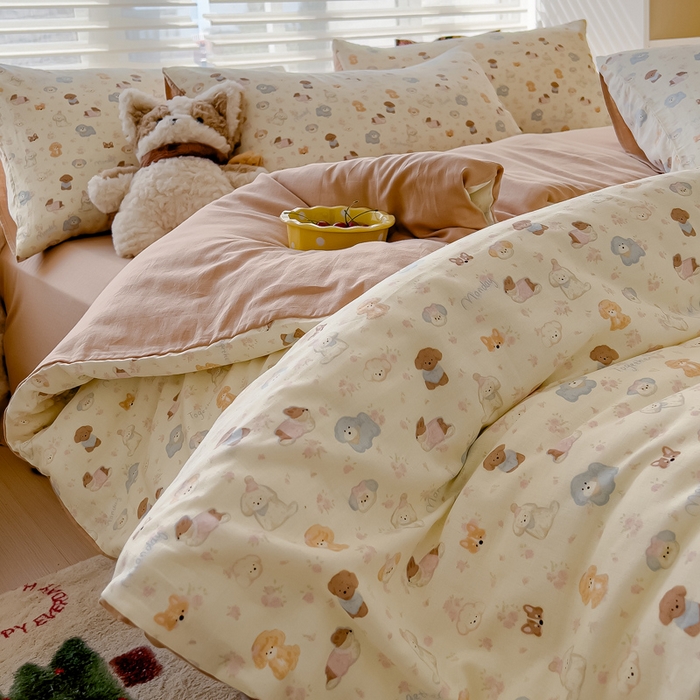 91家纺网 家纺一手货源 找家纺 金丝鸟家纺 2024秋冬新品全棉双层纱四件套 泡芙狗