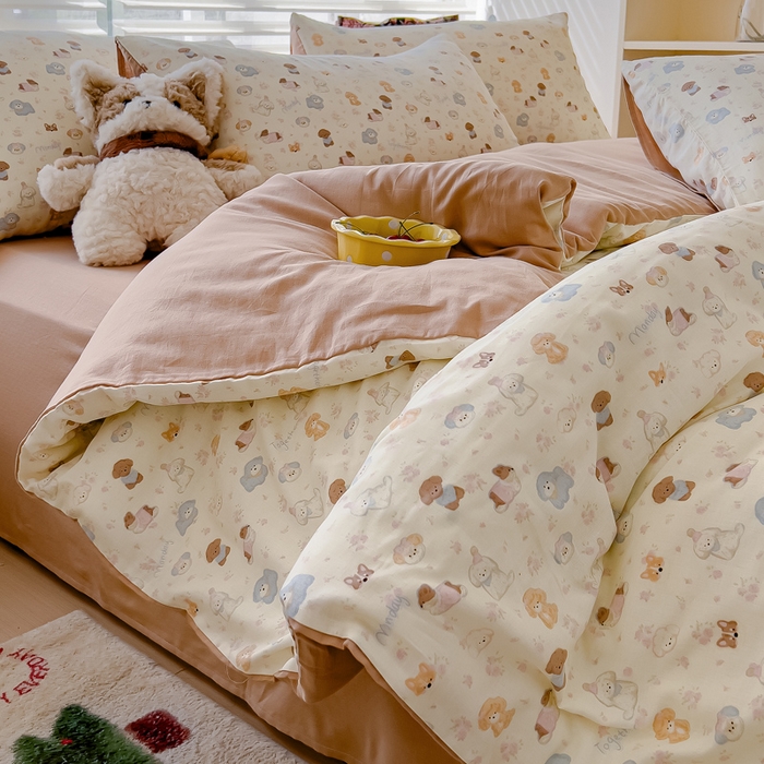 91家纺网 家纺一手货源 找家纺 金丝鸟家纺 2024秋冬新品全棉双层纱四件套 泡芙狗