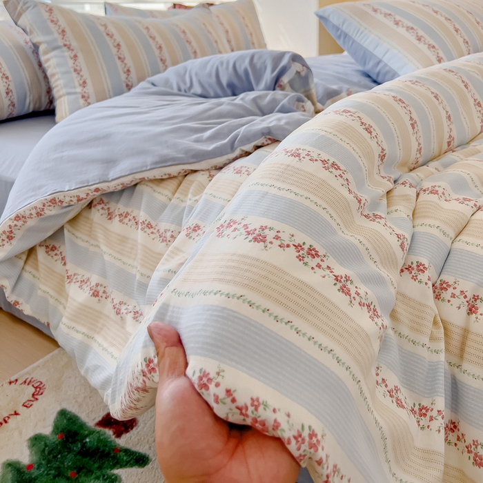 91家纺网 家纺一手货源 找家纺 金丝鸟家纺 2024秋冬新品全棉双层纱四件套 秋意-蓝