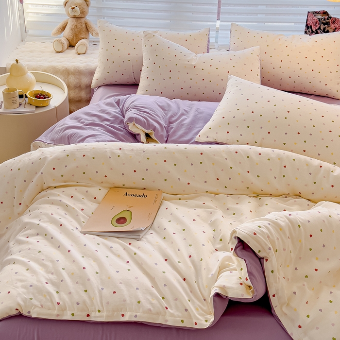 91家纺网 家纺一手货源 找家纺 金丝鸟家纺 2024秋冬新品全棉双层纱四件套 彩色小爱心