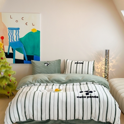 时年家纺 2024新款牛奶绒毛巾绣系列四件套（充值会员优惠5元） 条纹熊猫-绿