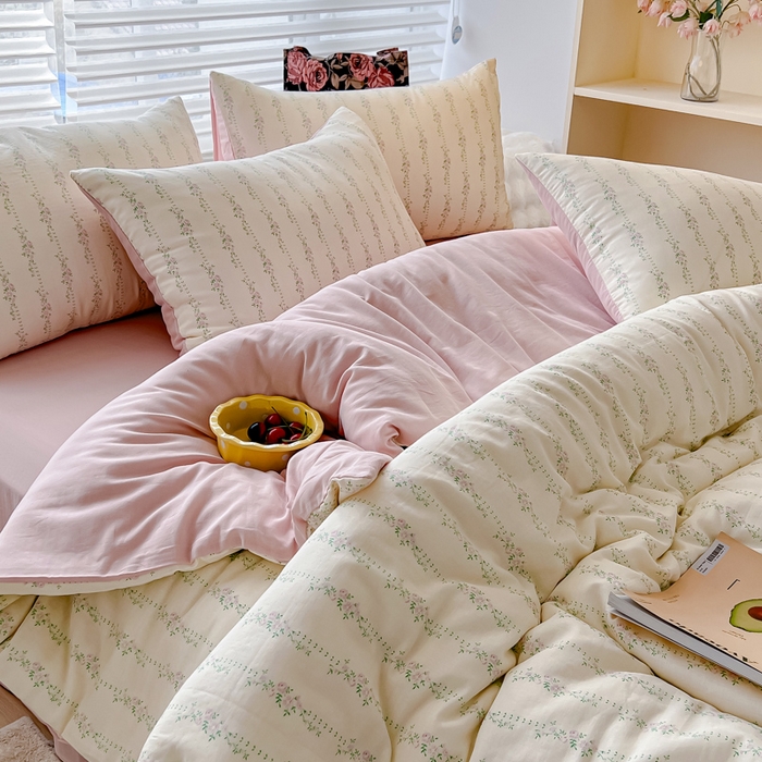 91家纺网 家纺一手货源 找家纺 金丝鸟家纺 2024秋冬新品全棉双层纱四件套 春花粉