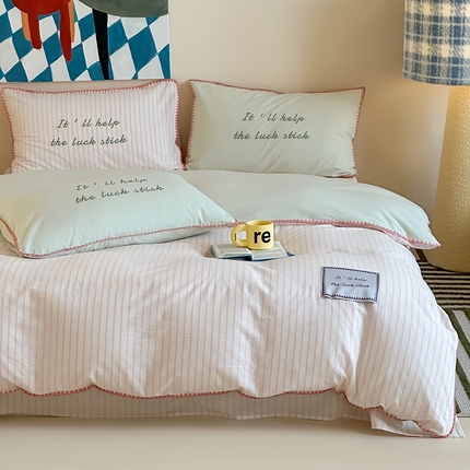 （总）桃子家居 2025新款A类ins纯棉色织水洗棉三角针贝壳工艺撞色织标刺绣系列四件套