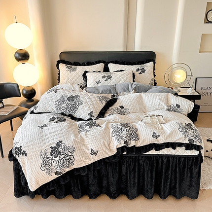 好眠好梦家纺 2024新款5D雕花牛奶绒床裙床裙四件套 静默花语