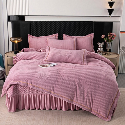 畅畅家纺 2024新款11斤加厚冬季轻奢款230克全消光立体雕花牛奶绒夹棉床盖四件套 轻奢花语-豆沙