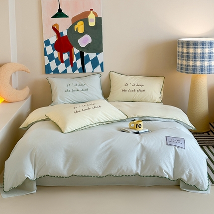 桃子家居 2025新款A类ins纯棉色织水洗棉三角针贝壳工艺撞色织标刺绣系列四件套 棉三角针-S清新柠檬