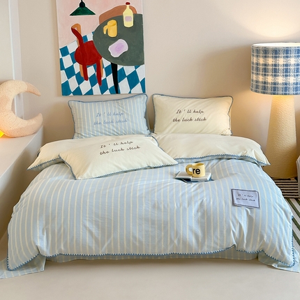 桃子家居 2025新款A类ins纯棉色织水洗棉三角针贝壳工艺撞色织标刺绣系列四件套 棉三角针-S海盐条奶黄