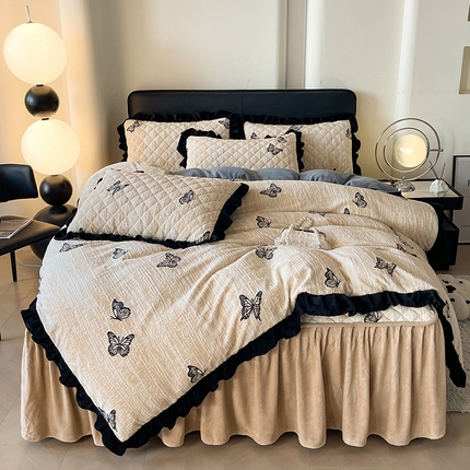 好眠好梦家纺 2024新款5D雕花牛奶绒床裙床裙四件套 蝴蝶 卡其
