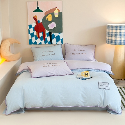 桃子家居 2025新款A类ins纯棉色织水洗棉三角针贝壳工艺撞色织标刺绣系列四件套 棉三角针-S芋泥蓝格