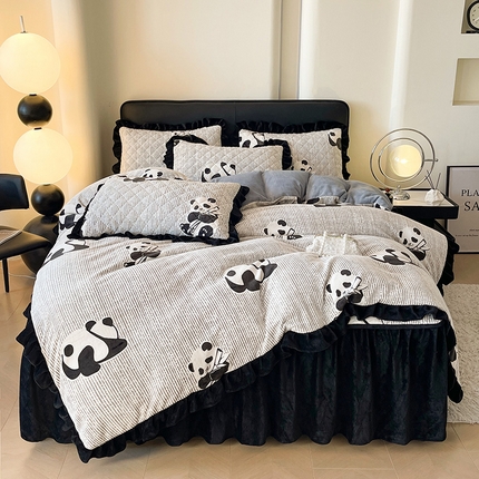 91家纺网 家纺一手货源 找家纺 好眠好梦家纺 2024新款5D雕花牛奶绒床裙床裙四件套 元气熊猫