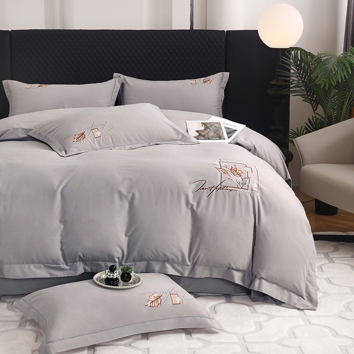 91家纺网 家纺一手货源 找家纺 金纱玉纺家纺 2024新款百分之百全棉新款轻奢刺绣四件套 叶香风暖-棕灰