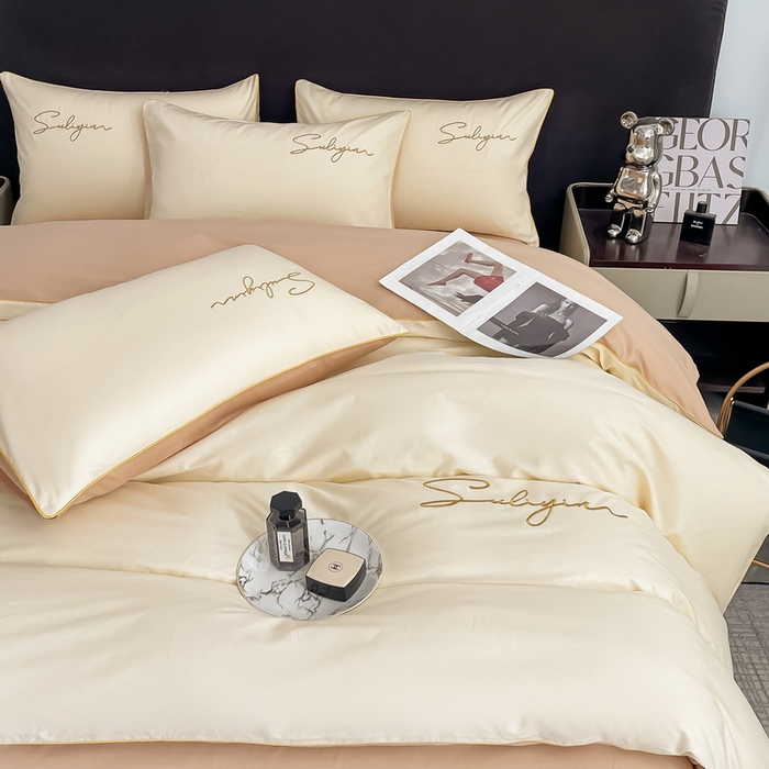 91家纺网 家纺一手货源 找家纺 一帆毯业 2024新款全棉纯色刺绣麻绳滚边四件套 奶昔白+奶茶