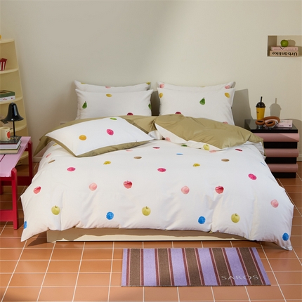 赫帛 2024新款60s缎纹数码印花长绒棉四件套-缤纷水果 缤纷水果-白色