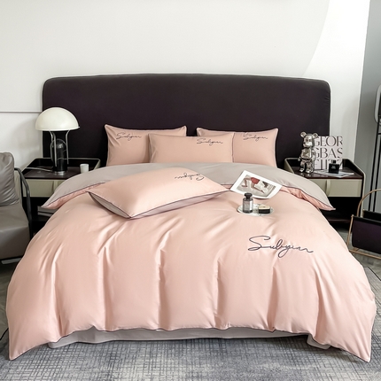 一帆毯业 2024新款全棉纯色刺绣麻绳滚边四件套 玫瑰粉+浅灰