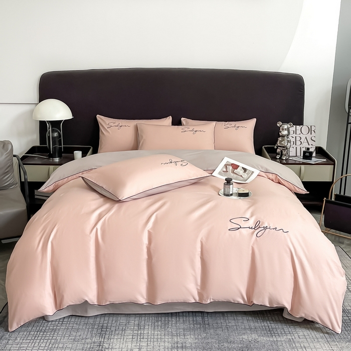 91家纺网 家纺一手货源 找家纺 一帆毯业 2024新款全棉纯色刺绣麻绳滚边四件套 玫瑰粉+浅灰