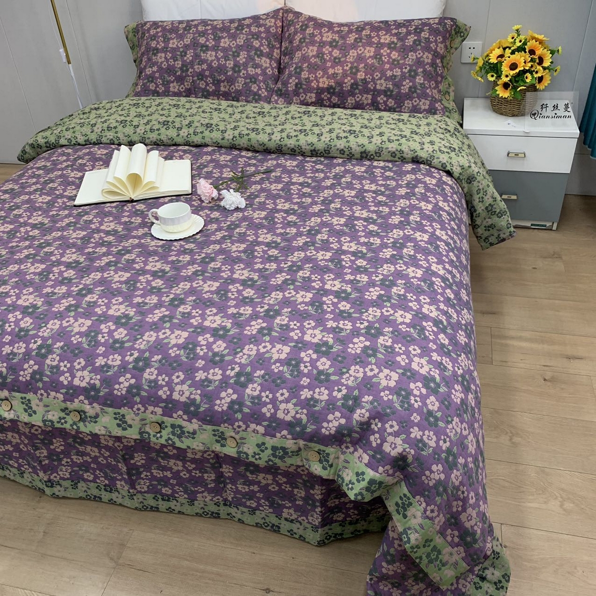 91家纺网 家纺一手货源 找家纺 鲁爱 2025新款三层纱床盖款四件套 清新之歌-紫