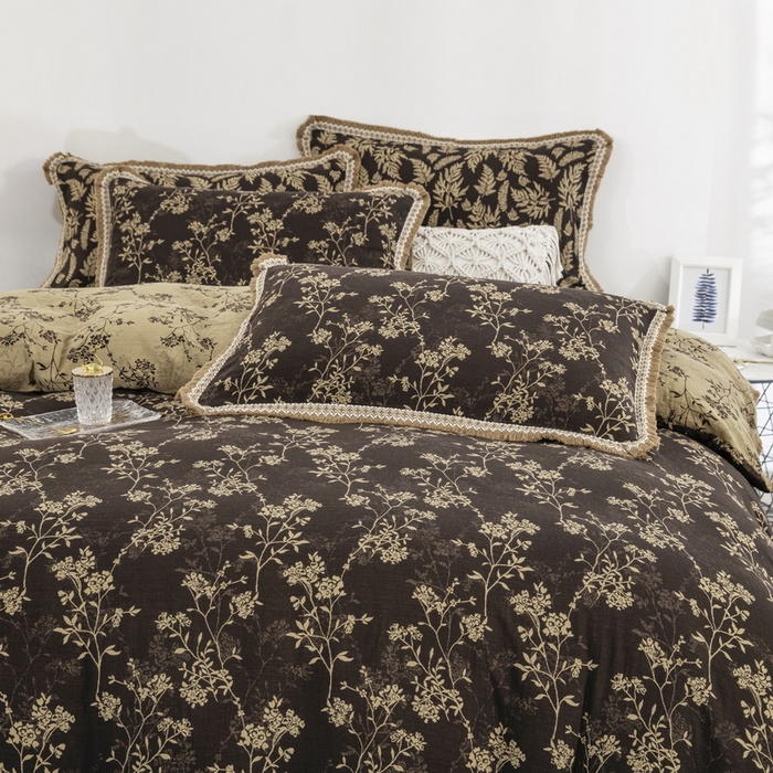 91家纺网 家纺一手货源 找家纺 鲁爱 2025新款全棉色织双层纱布流苏款四件套 惊鸿-深咖