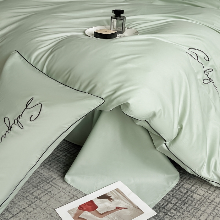 91家纺网 家纺一手货源 找家纺 一帆毯业 2024新款全棉纯色刺绣麻绳滚边四件套 繁星蓝