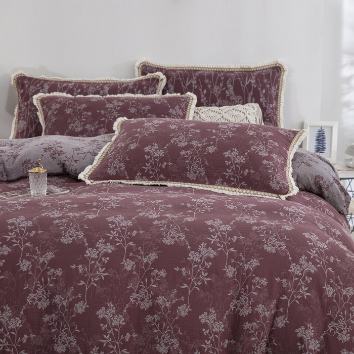 91家纺网 家纺一手货源 找家纺 鲁爱 2025新款全棉色织双层纱布流苏款四件套 惊鸿-豆沙