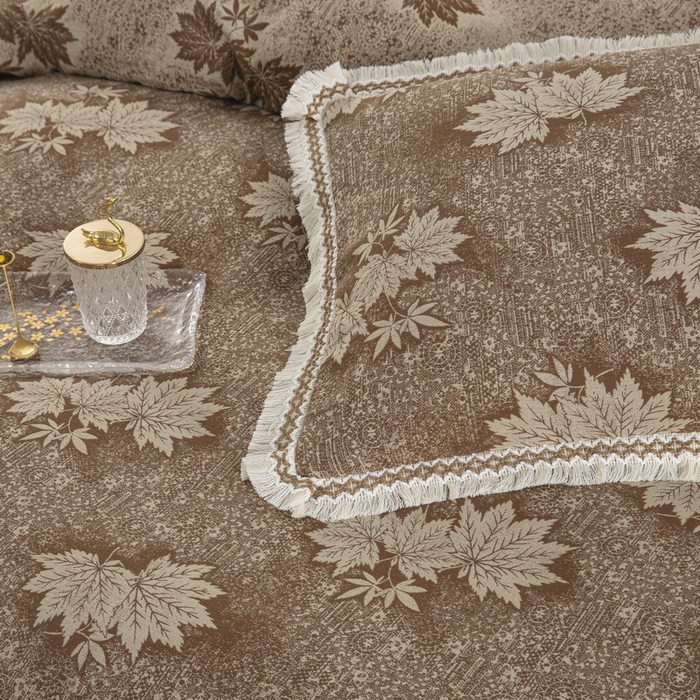 91家纺网 家纺一手货源 找家纺 鲁爱 2025新款全棉色织双层纱布流苏款四件套 秋韵-浅咖