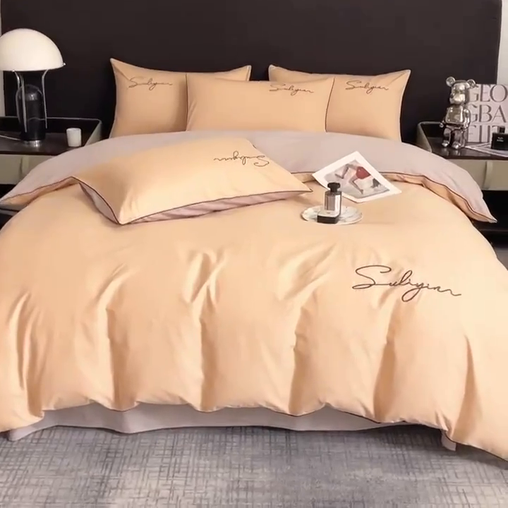 91家纺网 家纺一手货源 找家纺 一帆毯业 2024新款全棉纯色刺绣麻绳滚边四件套 奶茶+山灰