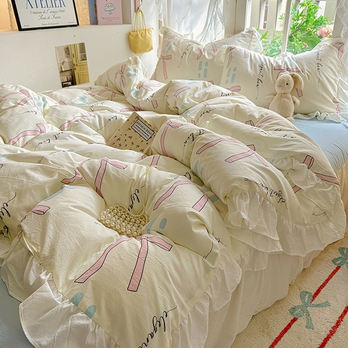 91家纺网 家纺一手货源 找家纺 阿曼达 2024新款ins博主风法式南法风浪漫系列花边款印花水洗m四件套 南法风-大蝴蝶结