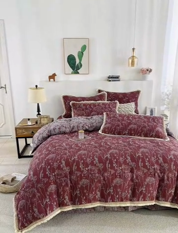 91家纺网 家纺一手货源 找家纺 鲁爱 2025新款全棉色织双层纱布流苏款四件套 云影-豆沙