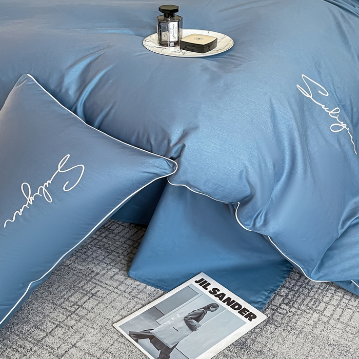 91家纺网 家纺一手货源 找家纺 一帆毯业 2024新款全棉纯色刺绣麻绳滚边四件套 宾利蓝