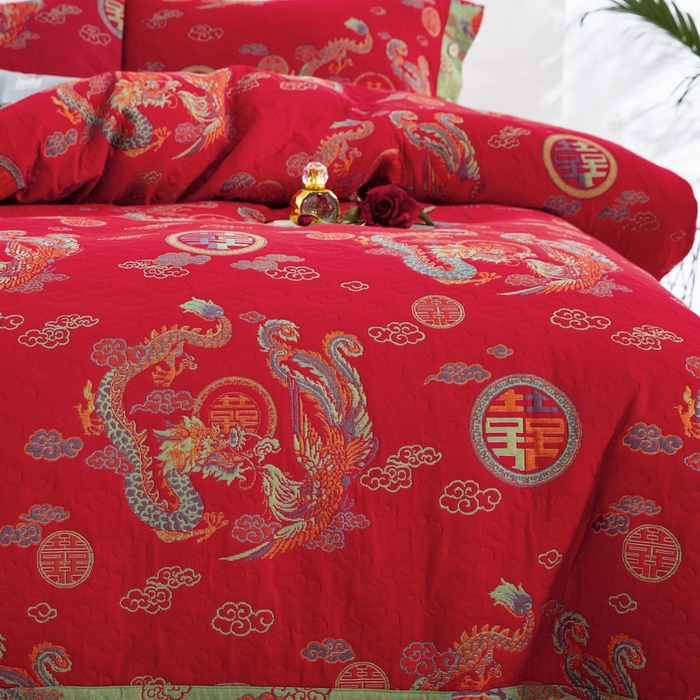 91家纺网 家纺一手货源 找家纺 鲁爱 2025新款三层纱床盖款四件套 龙凤呈祥-正红