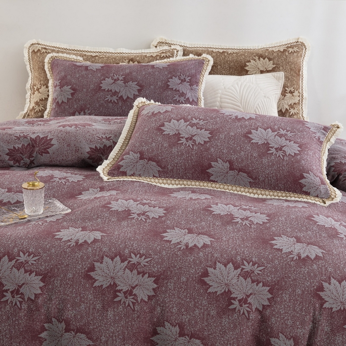 91家纺网 家纺一手货源 找家纺 鲁爱 2025新款全棉色织双层纱布流苏款四件套 秋韵-豆沙