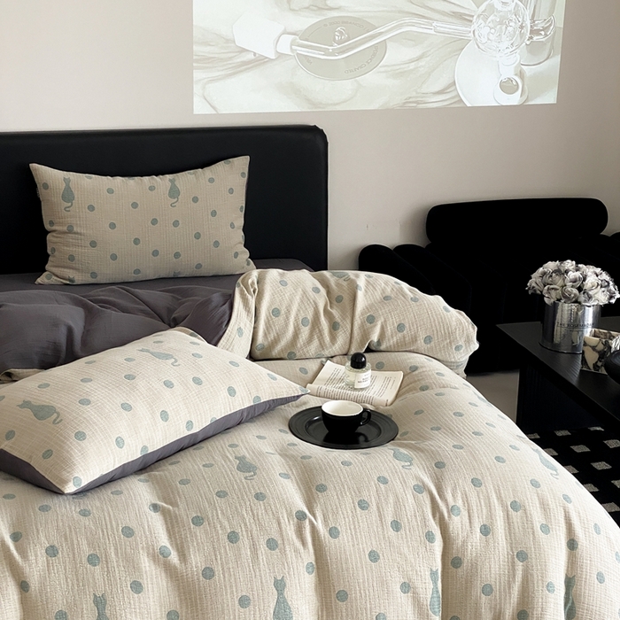 91家纺网 家纺一手货源 找家纺 赫帛 2024新款A类全棉色织三层纱水洗棉四件套-波点猫 波点猫-绿色