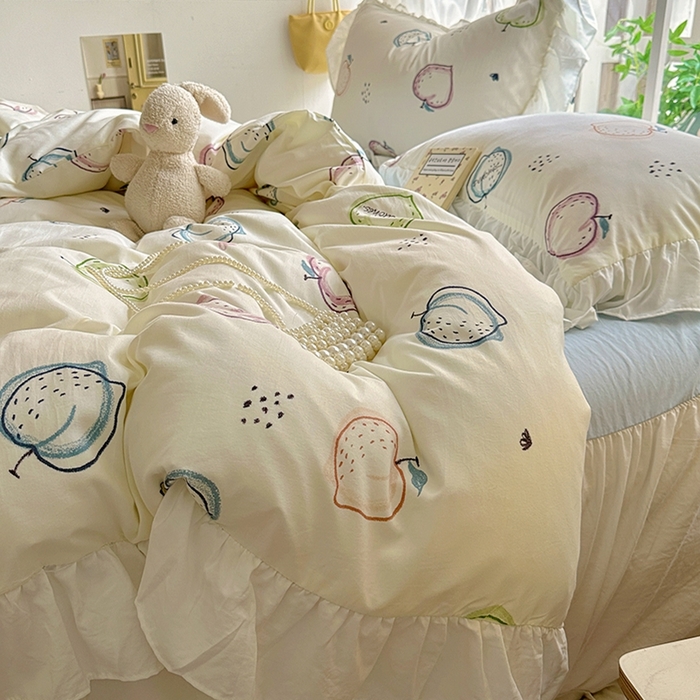 91家纺网 家纺一手货源 找家纺 阿曼达 2024新款ins博主风法式南法风浪漫系列花边款印花水洗m四件套 南法风-果园