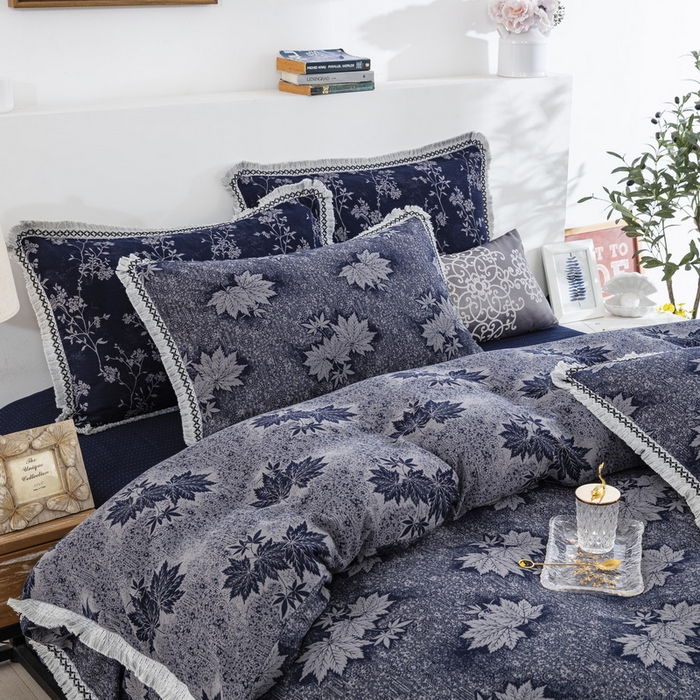 91家纺网 家纺一手货源 找家纺 鲁爱 2025新款全棉色织双层纱布流苏款四件套 秋韵-深兰