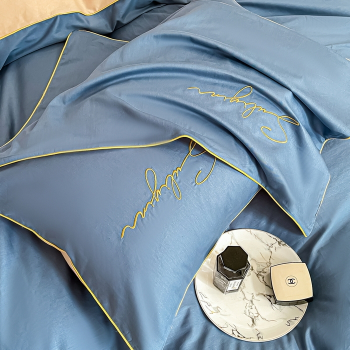 91家纺网 家纺一手货源 找家纺 一帆毯业 2024新款全棉纯色刺绣麻绳滚边四件套 宾利蓝奶茶