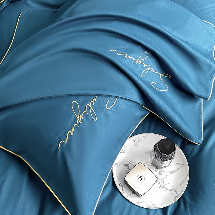 91家纺网 家纺一手货源 找家纺 一帆毯业 2024新款全棉纯色刺绣麻绳滚边四件套 月光蓝