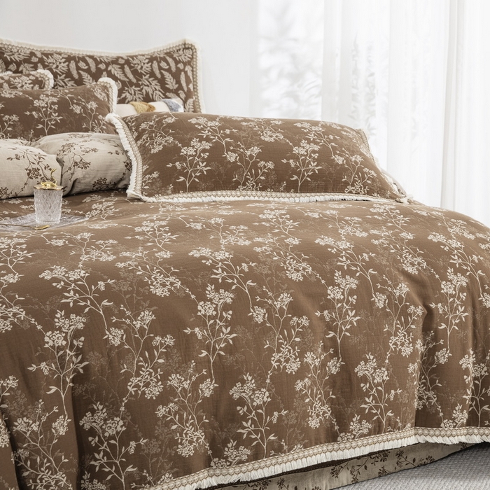 91家纺网 家纺一手货源 找家纺 鲁爱 2025新款全棉色织双层纱布流苏款四件套 惊鸿-浅咖