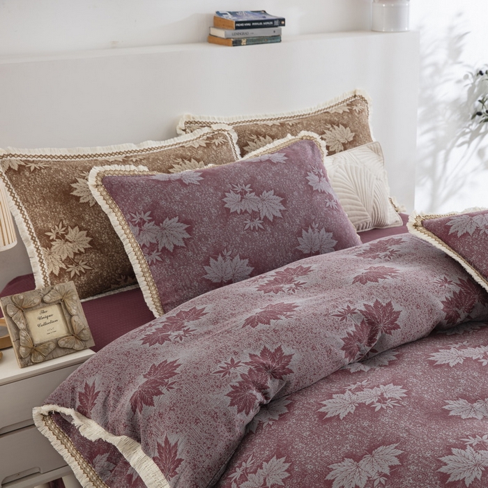 91家纺网 家纺一手货源 找家纺 鲁爱 2025新款全棉色织双层纱布流苏款四件套 秋韵-豆沙