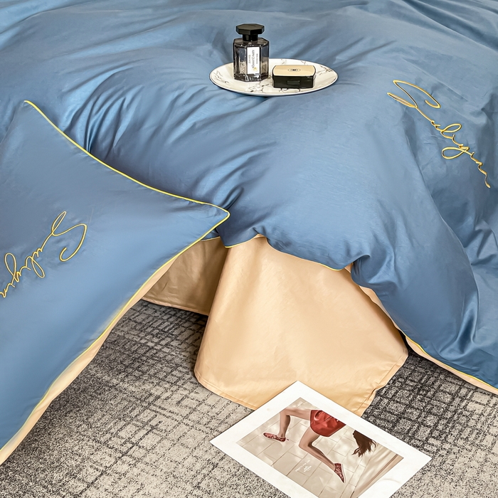 91家纺网 家纺一手货源 找家纺 一帆毯业 2024新款全棉纯色刺绣麻绳滚边四件套 宾利蓝奶茶