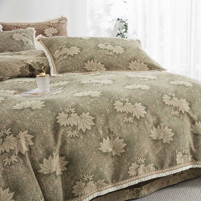 91家纺网 家纺一手货源 找家纺 鲁爱 2025新款全棉色织双层纱布流苏款四件套 秋韵-绿