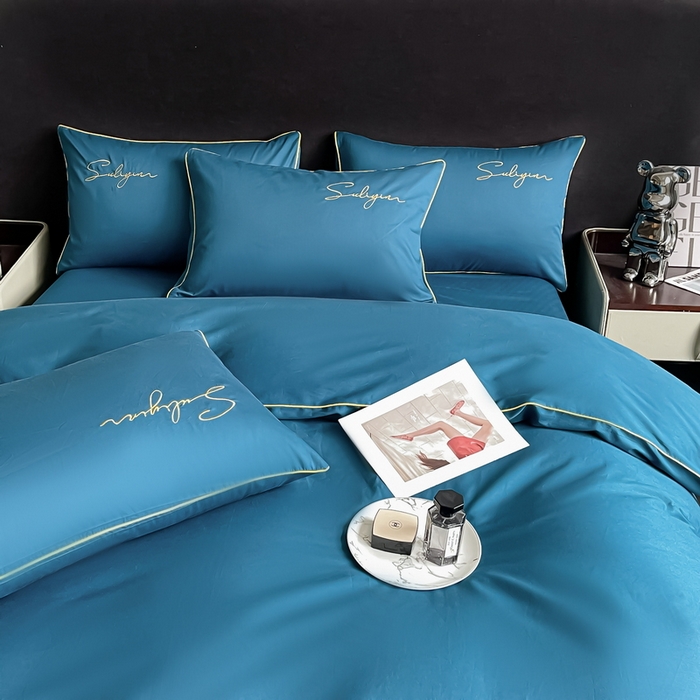 91家纺网 家纺一手货源 找家纺 一帆毯业 2024新款全棉纯色刺绣麻绳滚边四件套 月光蓝