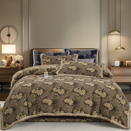 鲁爱 2025新款全棉色织双层纱布流苏款四件套 秋韵-深咖