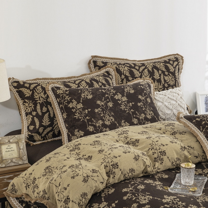 91家纺网 家纺一手货源 找家纺 鲁爱 2025新款全棉色织双层纱布流苏款四件套 惊鸿-深咖