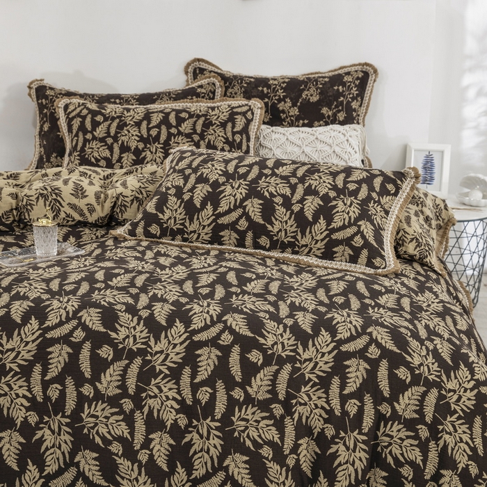 91家纺网 家纺一手货源 找家纺 鲁爱 2025新款全棉色织双层纱布流苏款四件套 扶苏-深咖