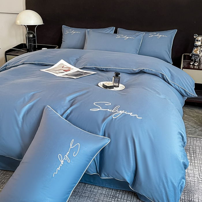 91家纺网 家纺一手货源 找家纺 一帆毯业 2024新款全棉纯色刺绣麻绳滚边四件套 宾利蓝