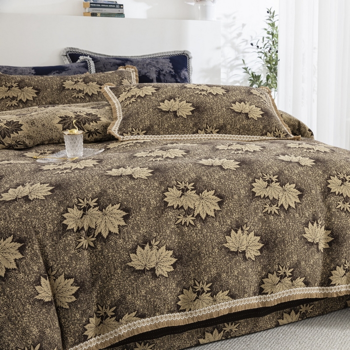 91家纺网 家纺一手货源 找家纺 鲁爱 2025新款全棉色织双层纱布流苏款四件套 秋韵-深咖