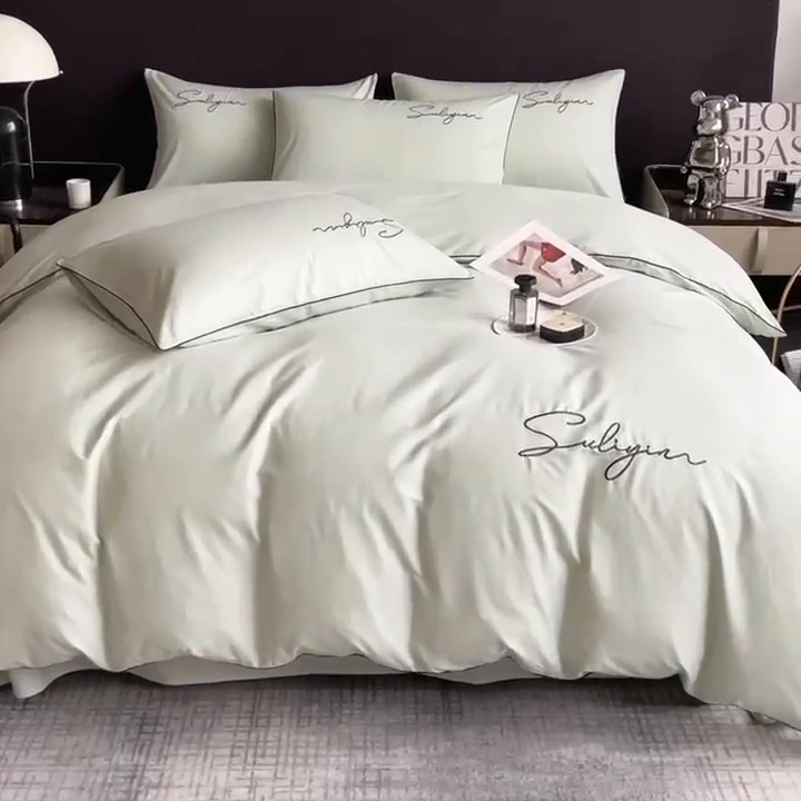 91家纺网 家纺一手货源 找家纺 一帆毯业 2024新款全棉纯色刺绣麻绳滚边四件套 繁星蓝