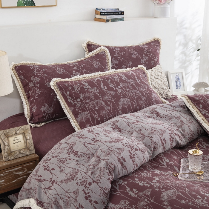 91家纺网 家纺一手货源 找家纺 鲁爱 2025新款全棉色织双层纱布流苏款四件套 云影-豆沙